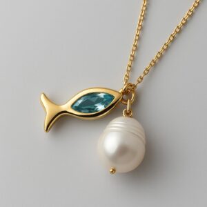 Gargantilha Pérola Barroca com Peixe Cristal Color Dourado