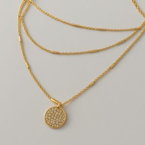 Gargantilha Tripla Palitinhos e Disco Cravejado Dourado