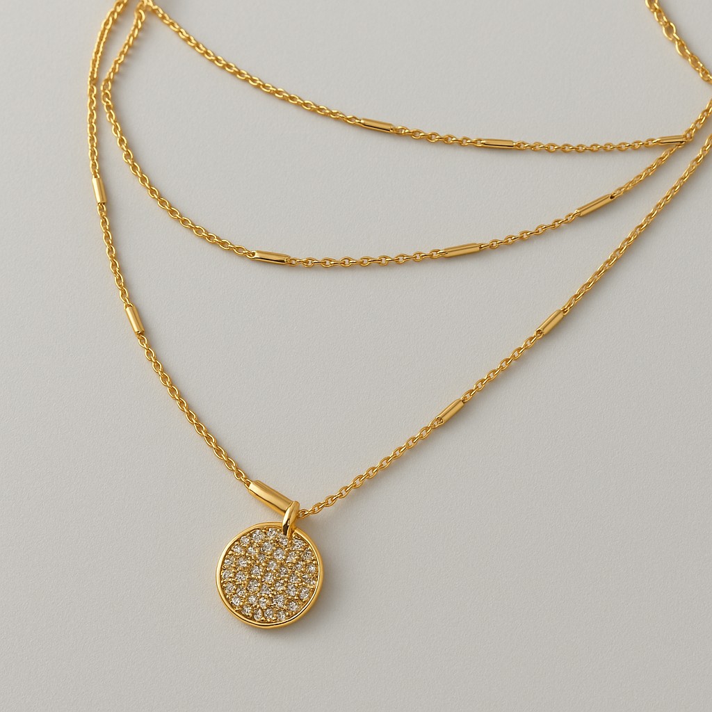 Gargantilha Tripla Palitinhos e Disco Cravejado Dourado