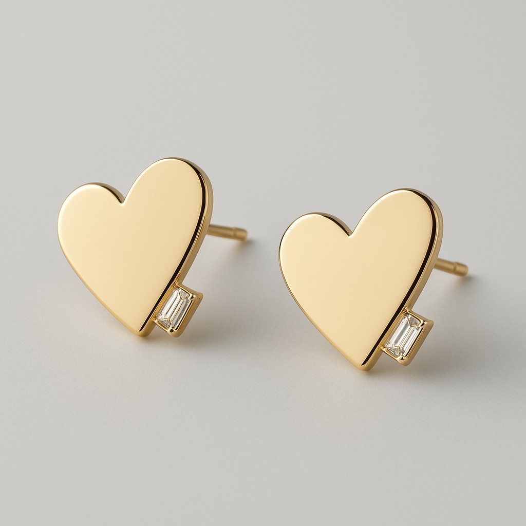 Brinco Coração com Mini Baguete Dourado