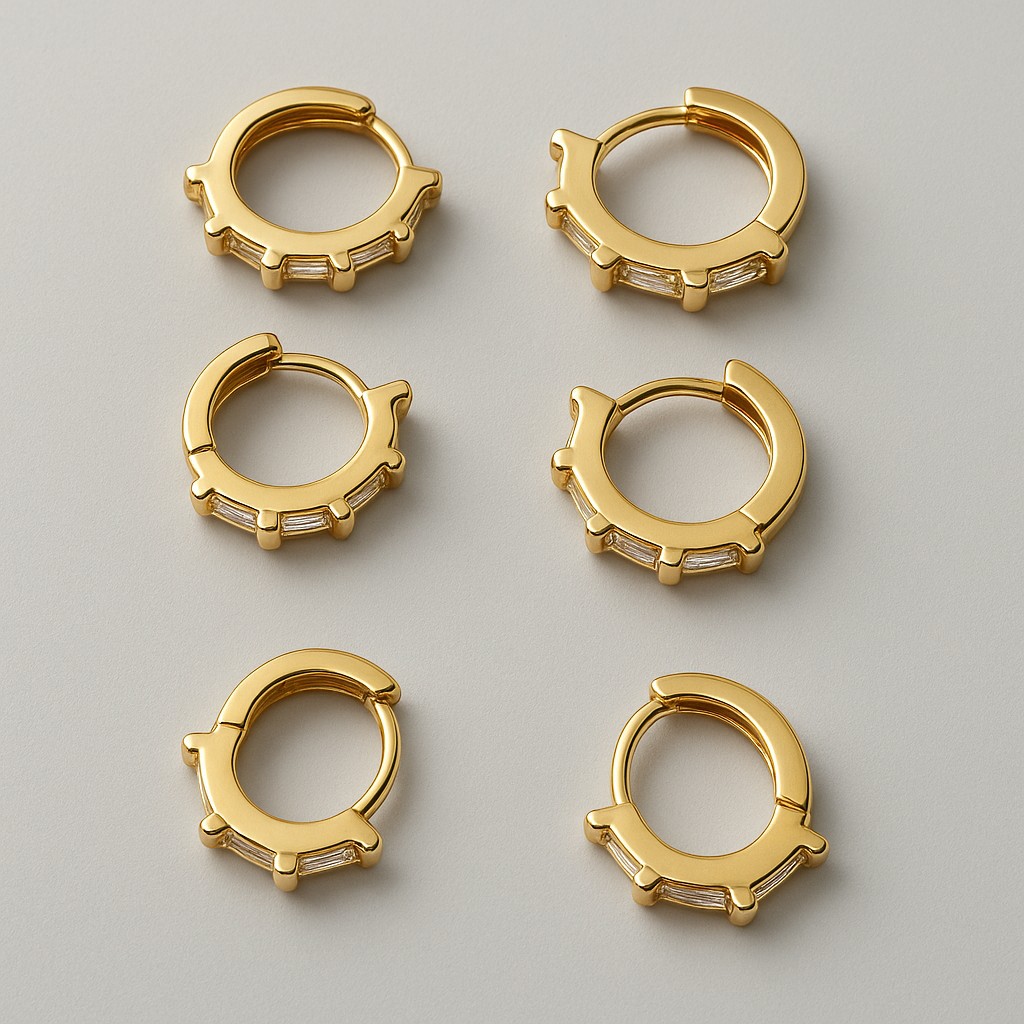 Brinco Trio de Argolas Cravejadas Baguete Dourado