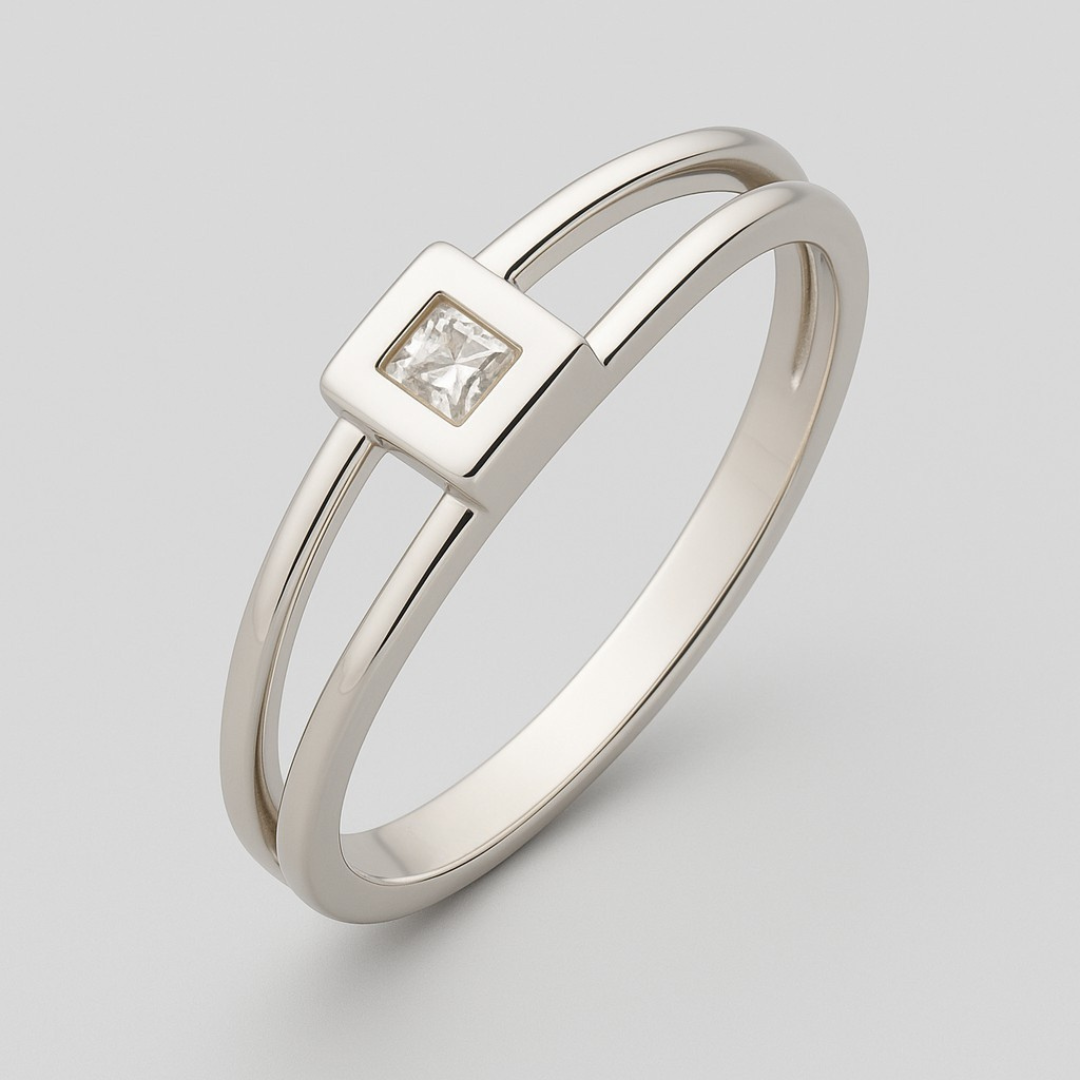 Anel Slim Duplo com Ponto de Luz Quadrado Ródio Branco