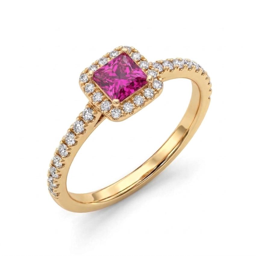 Anel pedra quadrada pink e microzircôonias dourado