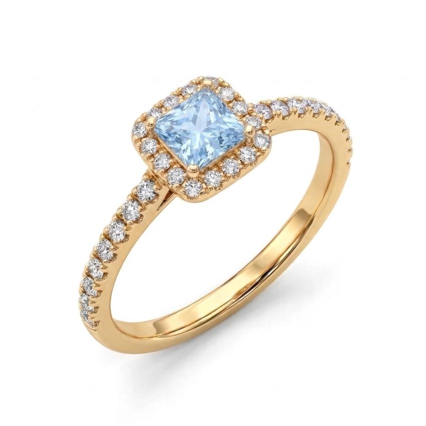 Anel pedra quadrada aqua marinha e microzircôonias dourado