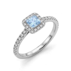 Anel pedra quadrada aqua marinha e microzircôonias ródio