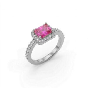 Anel pedra retangular pink e microzircôonias ródio