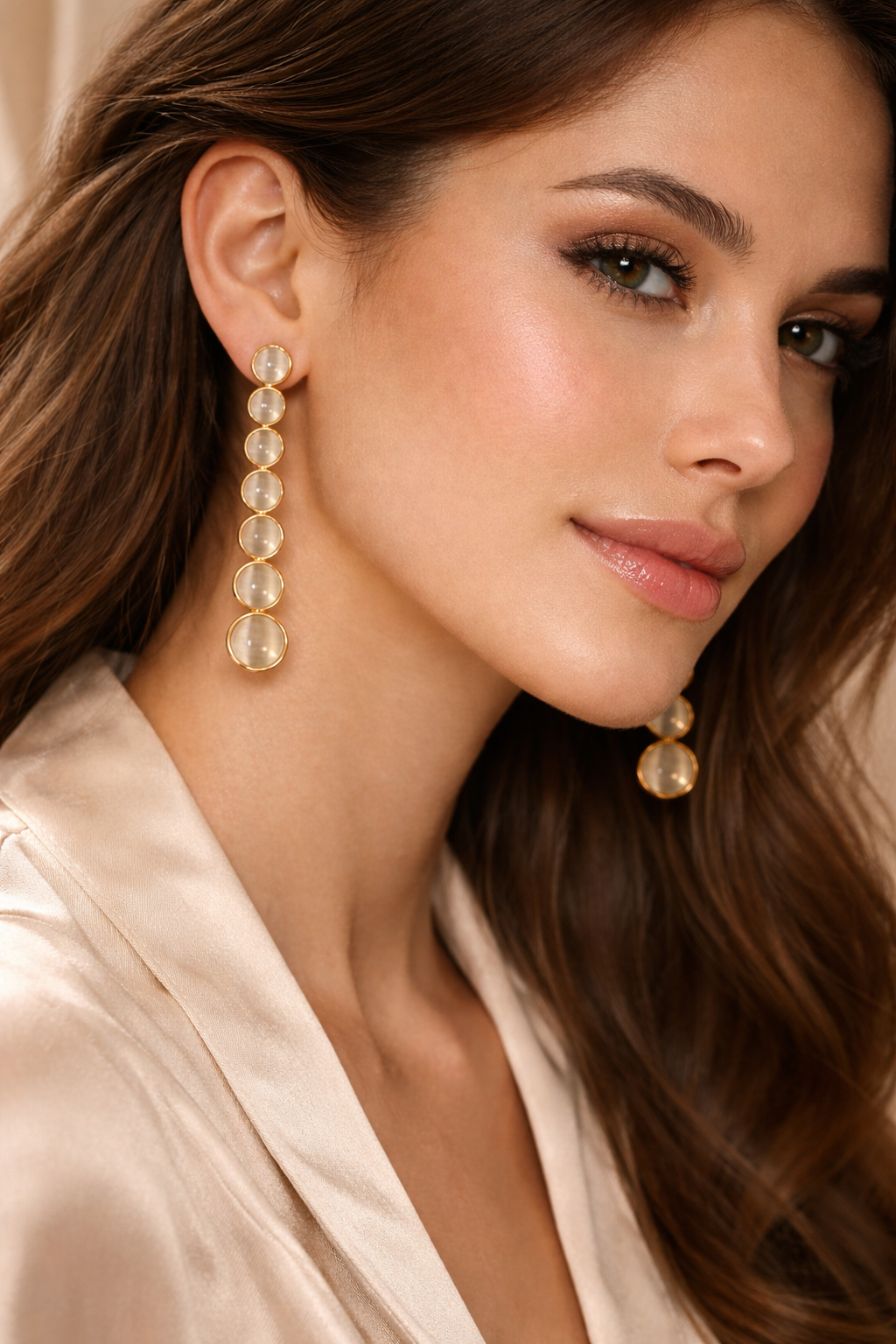 Brinco Alongado com Esferas de Olho de Gato