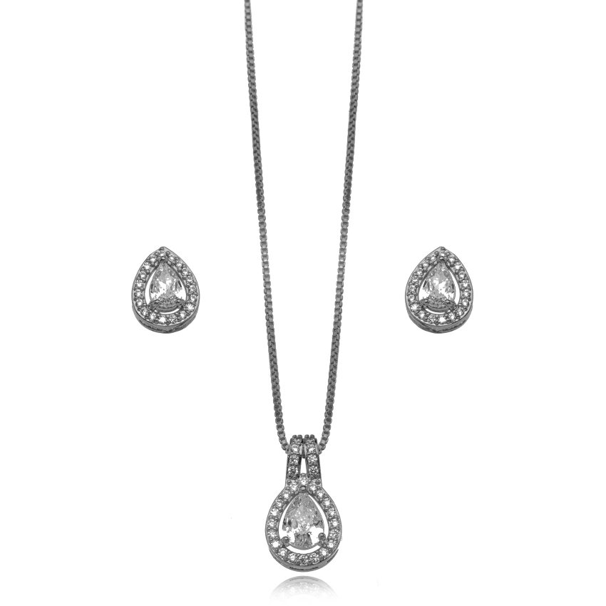 Conjunto Gota de Cristal com micro zircônias Ródio Branco