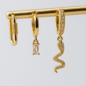 Trio de Brincos Argolas Cobra, Baguete e Mosquetão Zircônia Dourado 18K