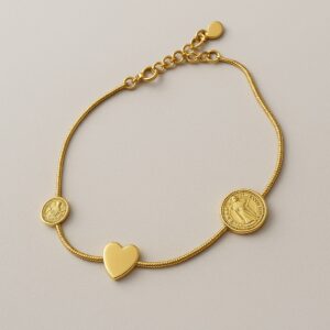 Pulseira Medalhas São Bento e Coração Dourada