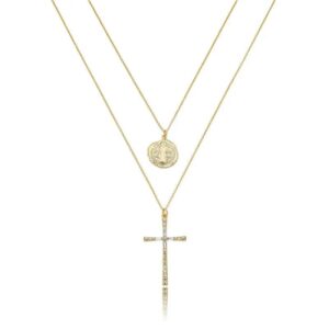 Gargantilha Dupla Cruz Baguete e São Bento Dourado