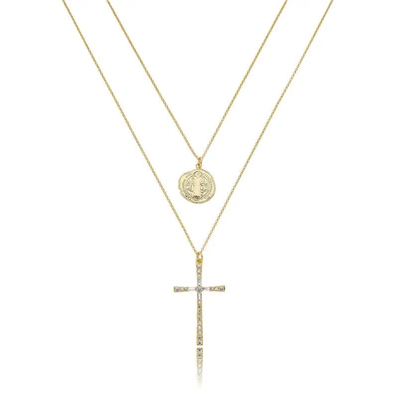 Gargantilha Dupla Cruz Baguete e São Bento Dourado