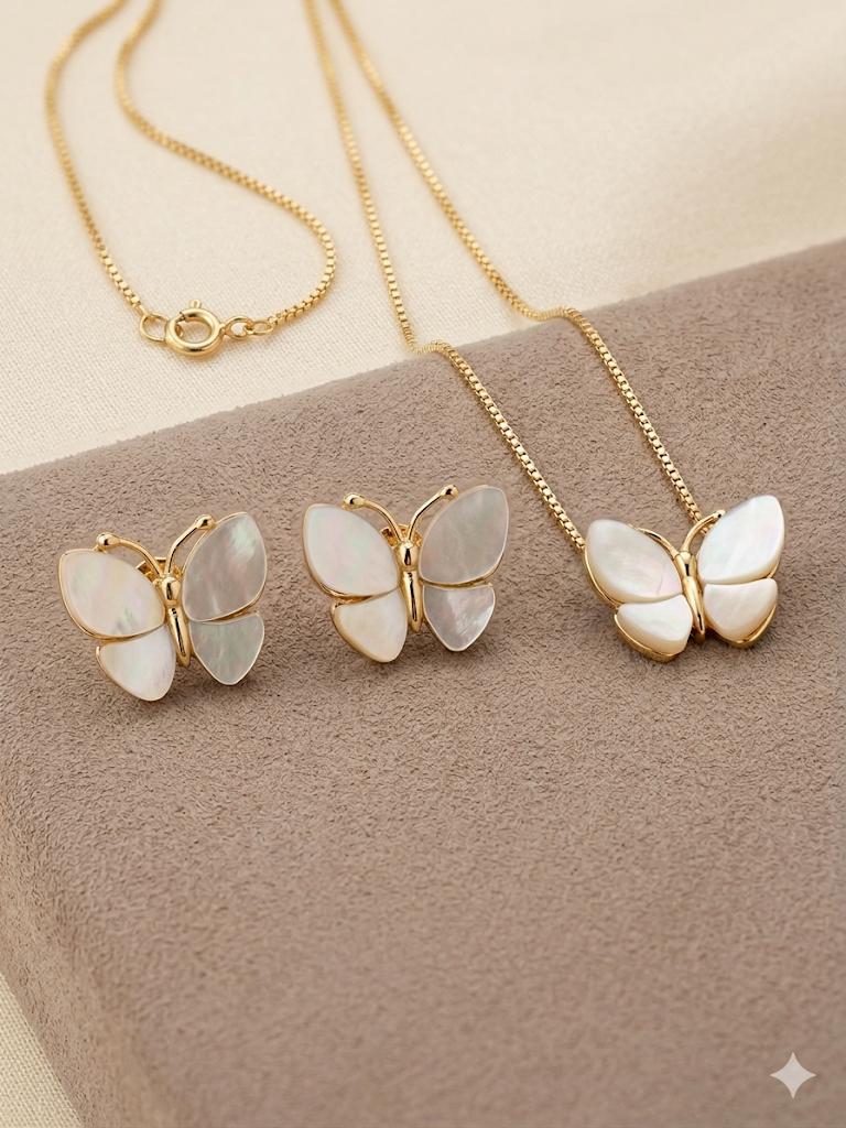 Conjunto Colar e Brinco Borboleta em Madre Pérola