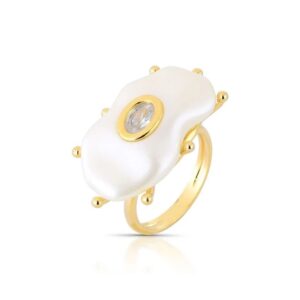 Anel Pérola Orgânica com Ponto de Luz Dourado