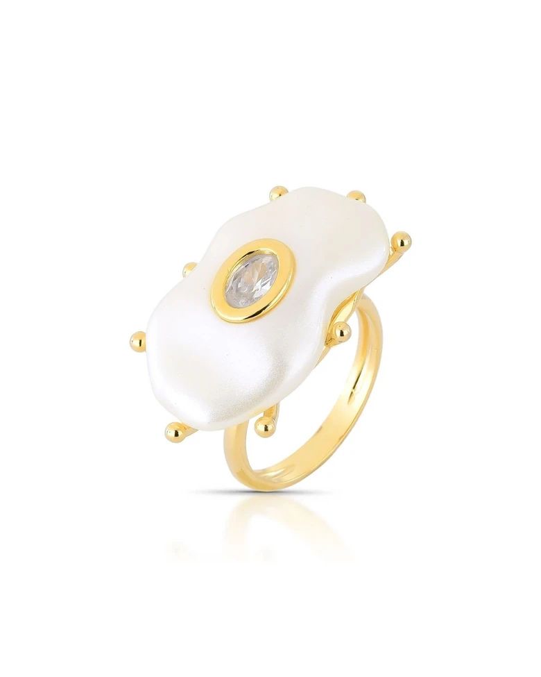 Anel Pérola Orgânica com Ponto de Luz Dourado