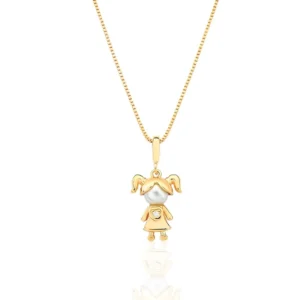 Colar Menina Pérola E Coração Cravado Banhado a Ouro 18k