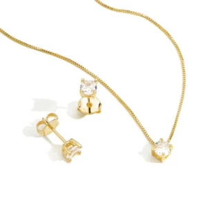 Conjunto Ponto de Luz Redondo em Zircônia Banhado a ouro 18k