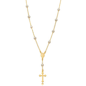 Colar terço com pérolas banhado a ouro 18k
