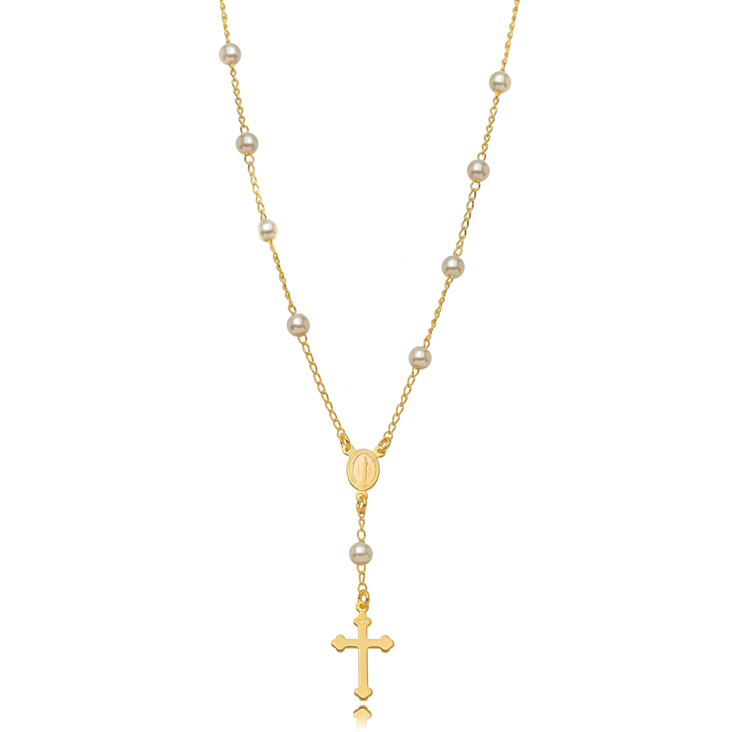 Colar terço com pérolas banhado a ouro 18k