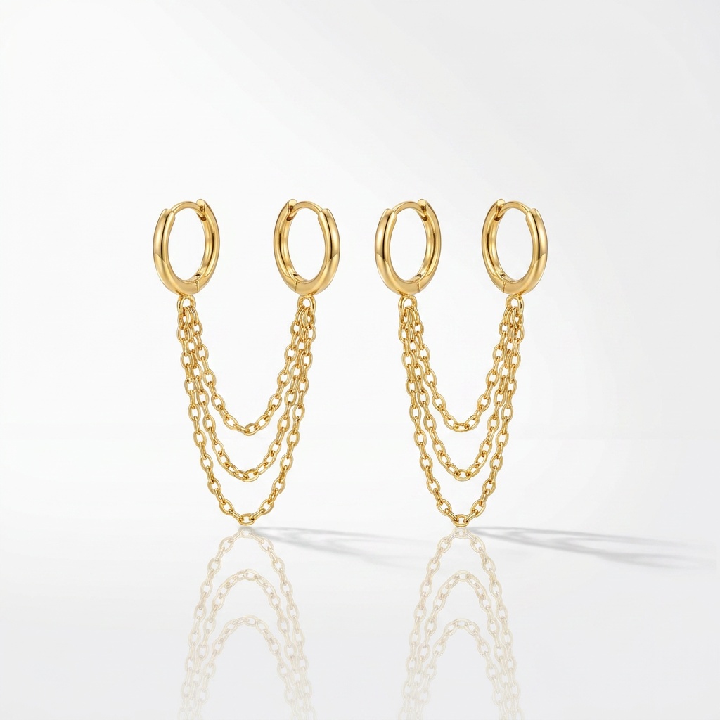 brinco ear line corrente tripla banhado a ouro 18k