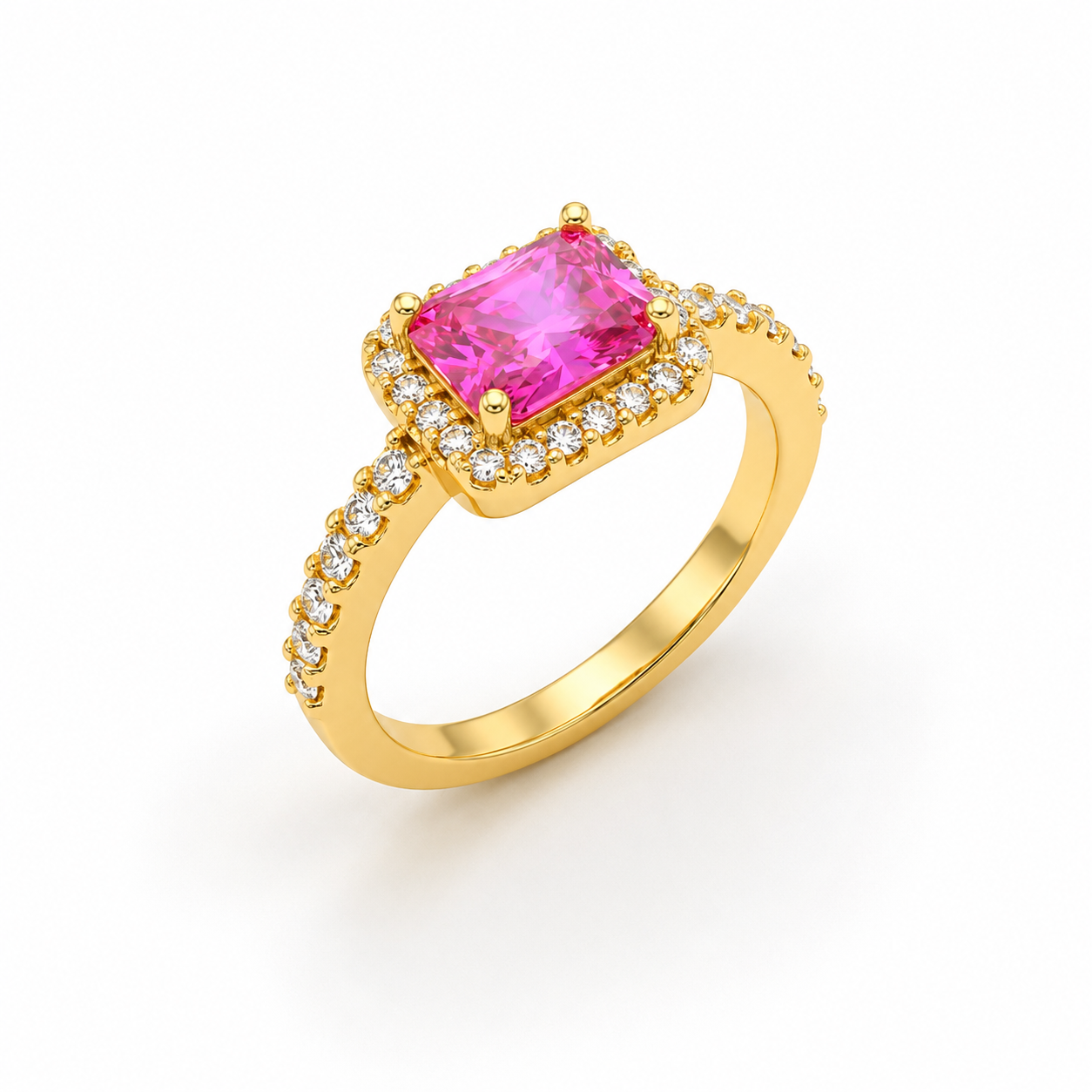 Anel pedra retangular pink e micro zircônias banhado a ouro 18k