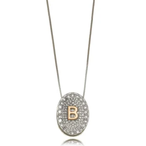 Colar Letra em Medalha Oval Cravejada Com Zircônias Ródio Branco