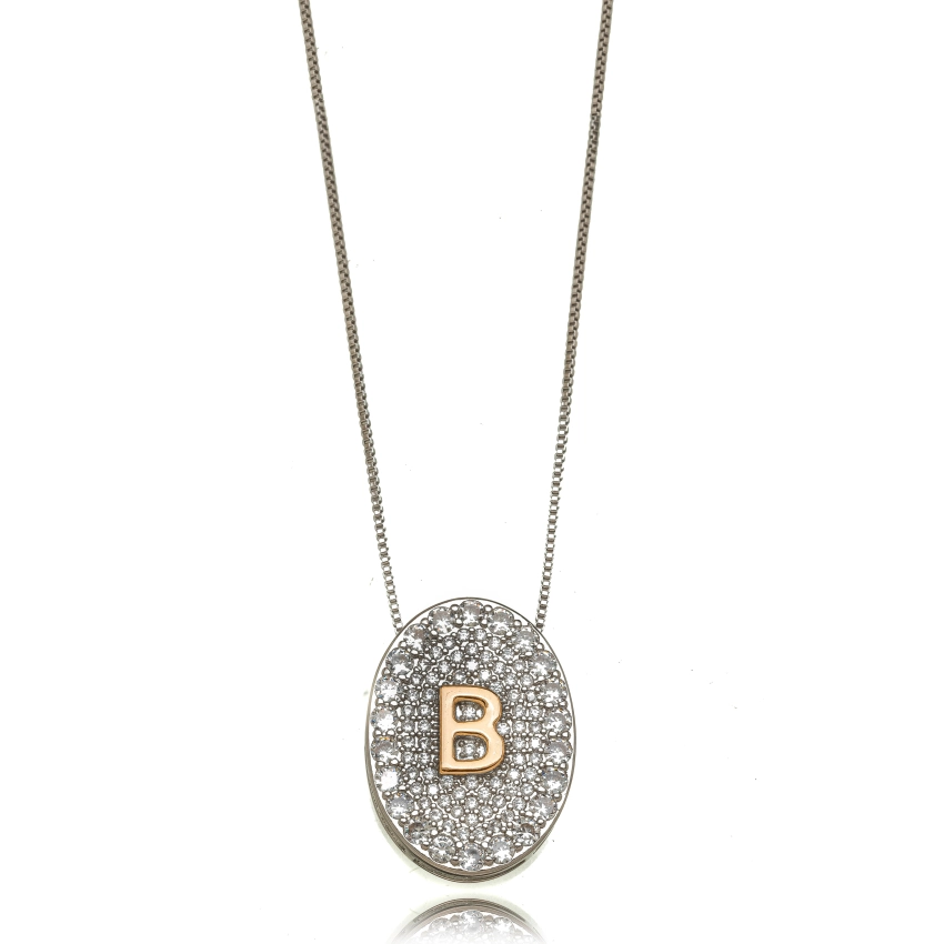 Colar Letra em Medalha Oval Cravejada Com Zircônias Ródio Branco
