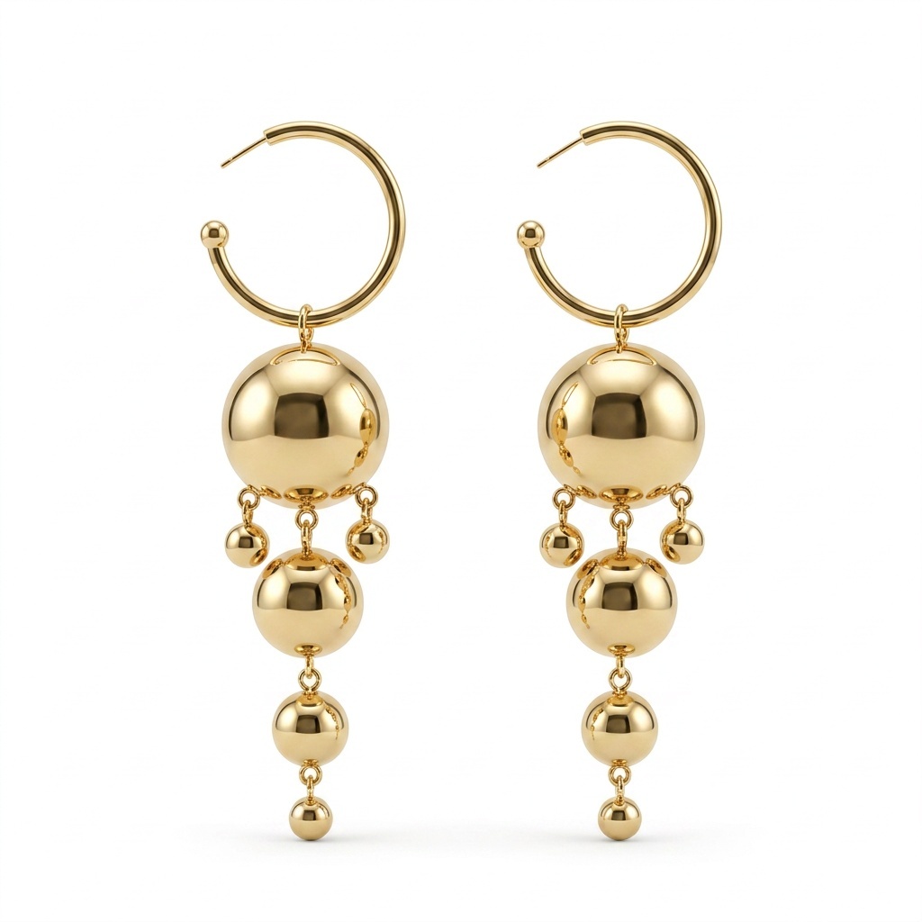 Brinco Argola Longo com Esferas Banhado a Ouro 18k
